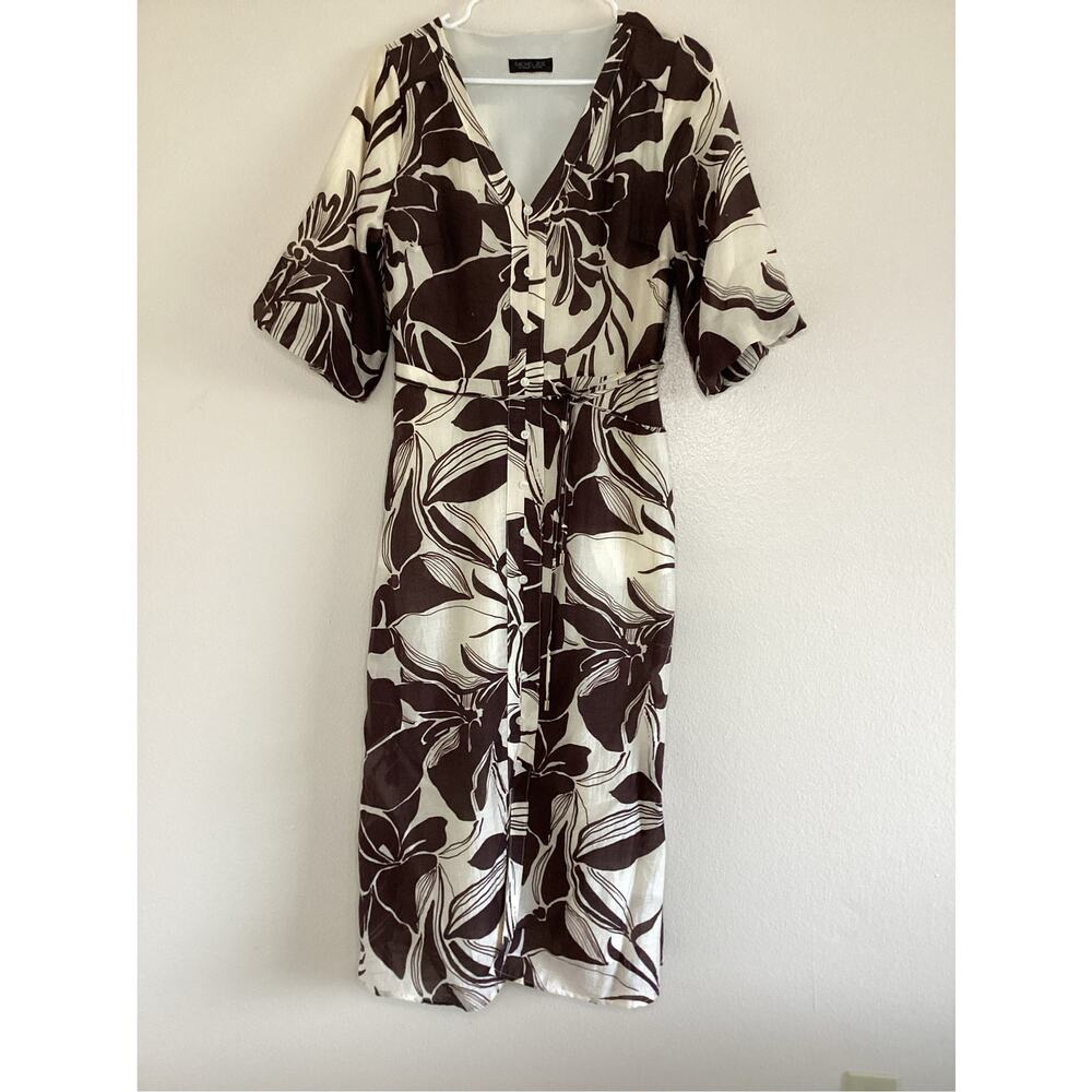 Rachel Zoe Floral Midi Dress Brown Cream Button Front Belted Women M
